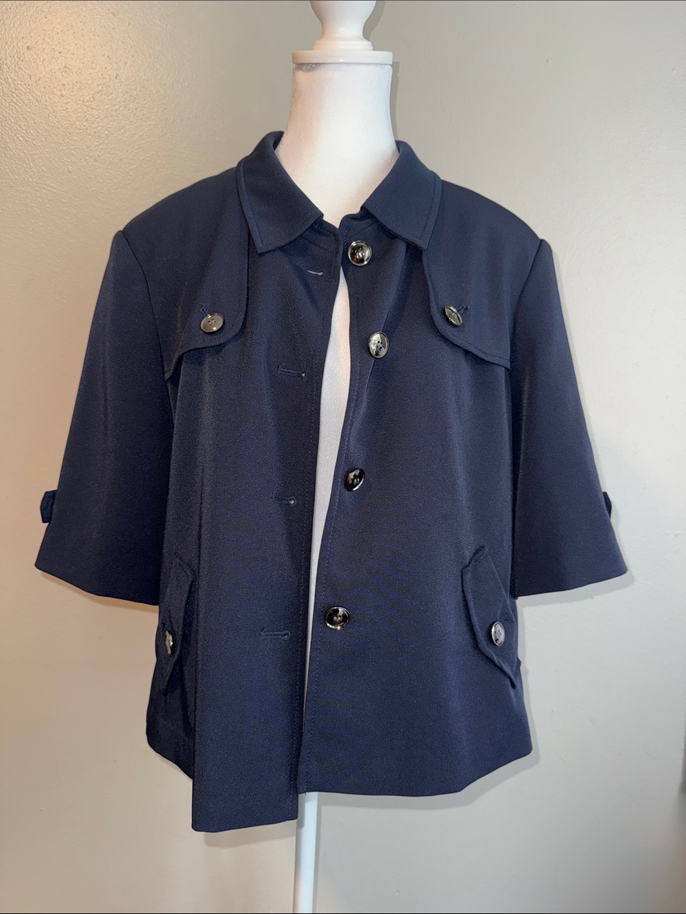 Womens Navy Short-Sleeve Button Blazer Jacket